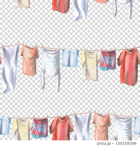 Seamless pattern with clothes drying on a line. Watercolor illustration on the theme of tropical holidays for the design of laundry rooms, postcards, printing on fabric. 130189396