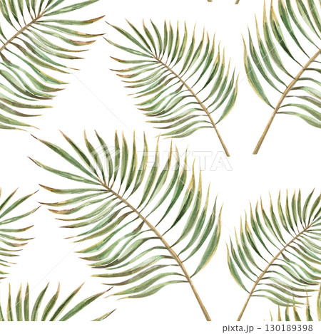 Seamless pattern with curved palm branches. Watercolor illustration on the theme of tropical vacation for the design of sea restaurants, printing on fabric, textiles, seasonal menu design. 130189398