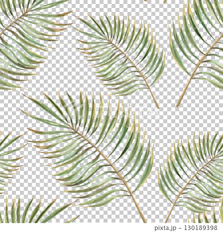Seamless pattern with curved palm branches. Watercolor illustration on the theme of tropical vacation for the design of sea restaurants, printing on fabric, textiles, seasonal menu design. 130189398