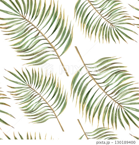 Seamless pattern with palm branches. Watercolor illustration on the theme of tropical holidays for the design of sea restaurants, printing on fabric, textiles, seasonal menu design. Seamless pattern with palm branches. Watercolor illustration on the theme of tropical holidays for the design of sea restaurants, printing on fabric, textiles, seasonal menu design. 130189400