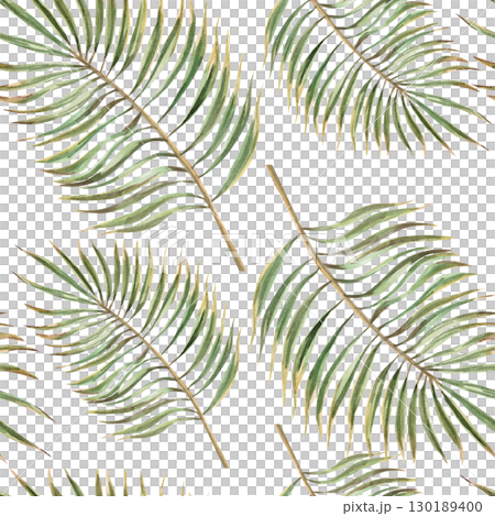 Seamless pattern with palm branches. Watercolor illustration on the theme of tropical holidays for the design of sea restaurants, printing on fabric, textiles, seasonal menu design. Seamless pattern with palm branches. Watercolor illustration on the theme of tropical holidays for the design of sea restaurants, printing on fabric, textiles, seasonal menu design. 130189400