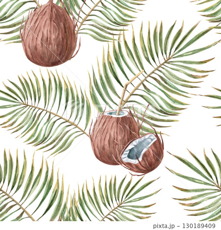 Seamless pattern with coconuts on the background of palm branches. Watercolor illustration on the theme of rest for the design of sea restaurants, printing on fabric, textiles, seasonal menu design. 130189409