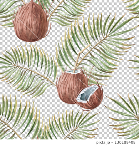 Seamless pattern with coconuts on the background of palm branches. Watercolor illustration on the theme of rest for the design of sea restaurants, printing on fabric, textiles, seasonal menu design. 130189409