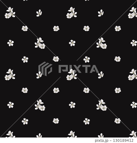 Seamless pattern with pear flowers on a black background. Watercolor illustration for juice packaging design, baby food, printing on posters, on fabric. 130189412