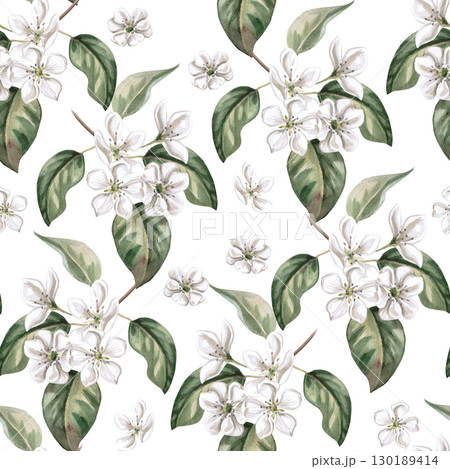 Seamless pattern with flowering pear branches. Watercolor illustration for juice packaging design, baby food, printing on posters, on fabric. 130189414