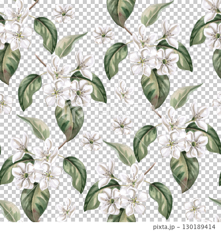 Seamless pattern with flowering pear branches. Watercolor illustration for juice packaging design, baby food, printing on posters, on fabric. 130189414