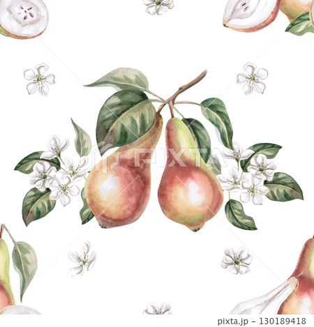 Seamless pattern with whole pears, halves and flowers. Watercolor illustration for design of packaging of juice, baby food, jam, printing on posters and clothes, printing on fabric. Seamless pattern with whole pears, halves and flowers. Watercolor illustration for design of packaging of juice, baby food, jam, printing on posters and clothes, printing on fabric. 130189418