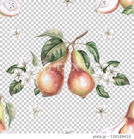 Seamless pattern with whole pears, halves and flowers. Watercolor illustration for design of packaging of juice, baby food, jam, printing on posters and clothes, printing on fabric. 130189418