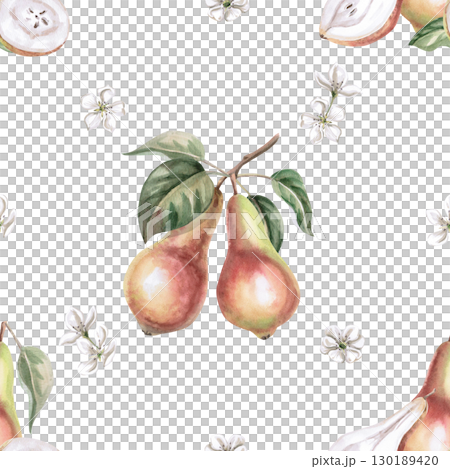 Seamless pattern with whole and halves of pears. Watercolor illustration for design of packaging of juice, baby food, jam, printing on posters and clothes, printing on fabric. Seamless pattern with whole and halves of pears. Watercolor illustration for design of packaging of juice, baby food, jam, printing on posters and clothes, printing on fabric. 130189420