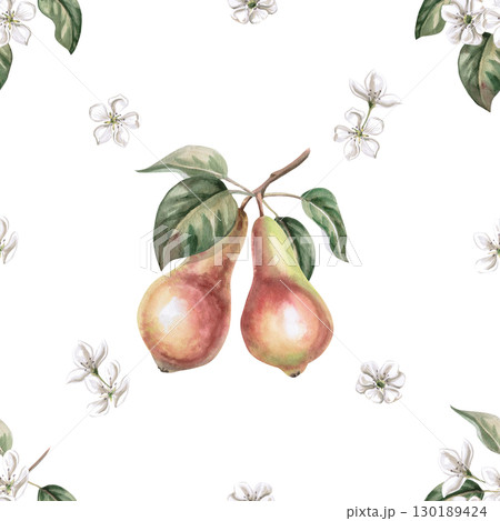 Seamless pattern with two pears on a branch. Watercolor illustration for juice packaging design, baby food, jam, poster and clothing printing, fabric printing. Seamless pattern with two pears on a branch. Watercolor illustration for juice packaging design, baby food, jam, poster and clothing printing, fabric printing. 130189424