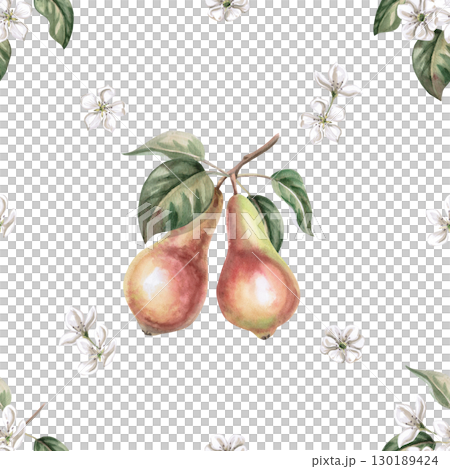 Seamless pattern with two pears on a branch. Watercolor illustration for juice packaging design, baby food, jam, poster and clothing printing, fabric printing. 130189424