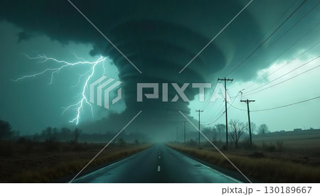 Massive tornado and lightning strike on an open road in a stormy landscape. Generated AI 130189667