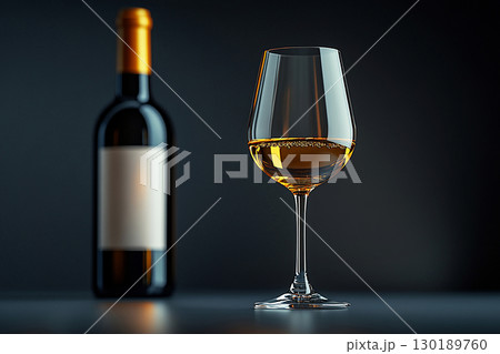 Vineyard culture. Classy aesthetic. Wine Glass with white wine and a bottle of wine with a blank label next to it. Mockup for wine industry branding. 130189760