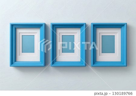 Home design. Empty blue photo frame for a collage of three photos in a minimalist style on a white background. Home design. Empty blue photo frame for a collage of three photos in a minimalist style on a white background. 130189766
