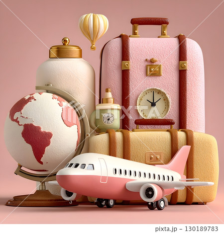 Sweet pastel travel objects including luggage, a globe, miniature airplane, and hot air balloon signify a worldwide vacation journey. Sweet pastel travel objects including luggage, a globe, miniature airplane, and hot air balloon signify a worldwide vacation journey. 130189783
