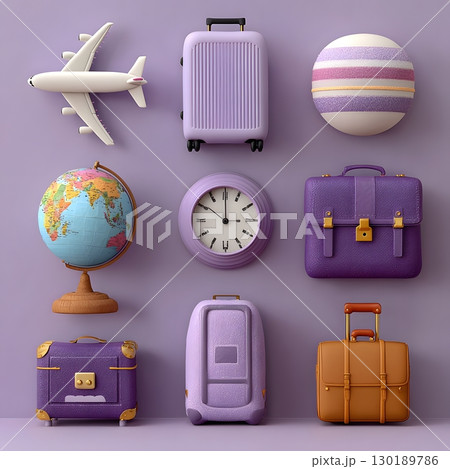 Arrangement of colorful travel objects like an airplane, suitcases, a globe, and a clock, symbolizing a planned adventure. 130189786