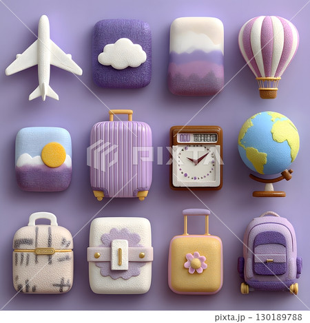 A colorful collection of travel essentials, including suitcases, an airplane, a globe, and hot air balloons, for your next adventure. 130189788
