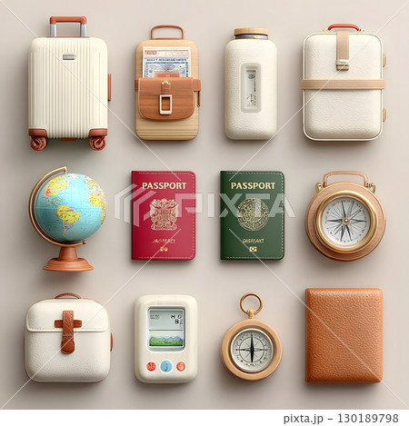 A clear overhead view displaying essential travel items and navigation tools, perfectly prepared for a new global journey and exploration. 130189798
