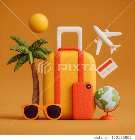 Bright travel essentials for a global vacation adventure include a suitcase, airplane, palm tree, and sunglasses, ready for summer. 130189802