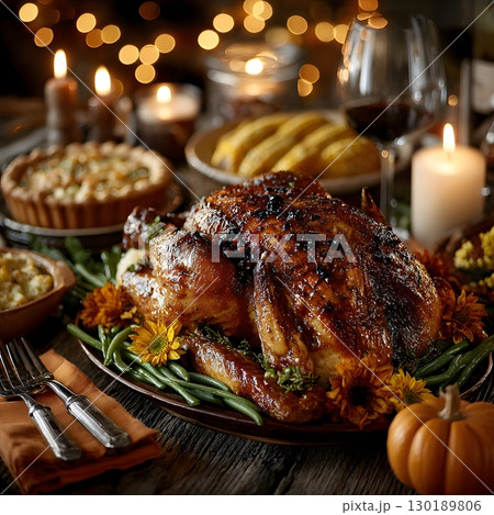 A perfectly roasted turkey is the centerpiece of a rustic harvest dinner table, surrounded by festive autumn food and warm candlelight. 130189806