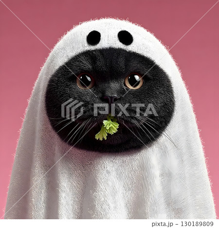 An adorable black cat in a playful white ghost costume holds a green sprig, ready for Halloween festivities. 130189809