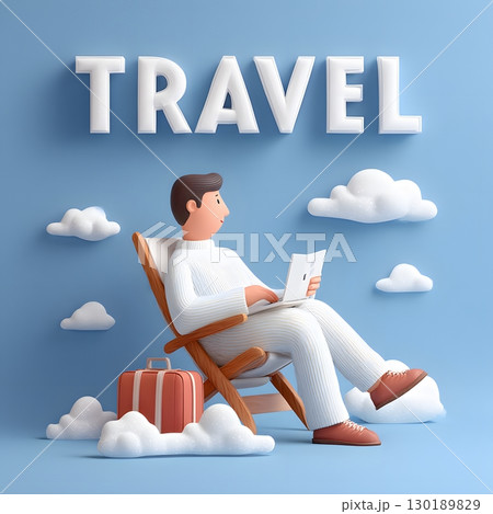 A cheerful person sits in a comfortable chair, working on a laptop, with a suitcase nearby for an exciting travel adventure. 130189829