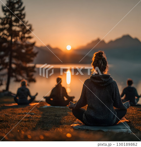 A group of people experience deep wellness and calm meditating by a reflective lake in nature at golden sunrise. A group of people experience deep wellness and calm meditating by a reflective lake in nature at golden sunrise. 130189862