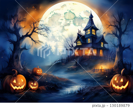 水彩風ハロウィン夜 お化け屋敷とカボチャ 130189879