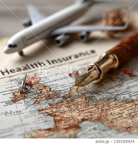 Travel planning unfolds on a vintage map with marked destinations, a fountain pen, and an airplane model, emphasizing health insurance readiness. 130189924