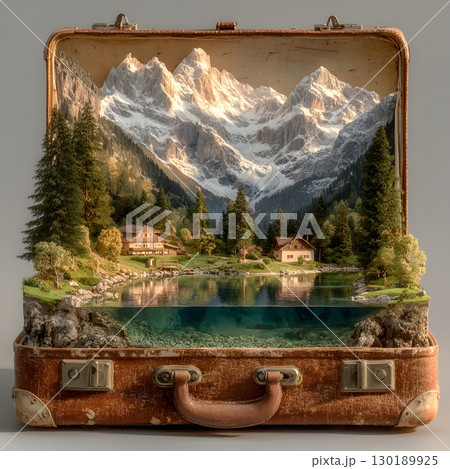 A stunning nature travel destination comes to life inside an open vintage suitcase, featuring snowy mountains, a serene lake, and green forests. 130189925