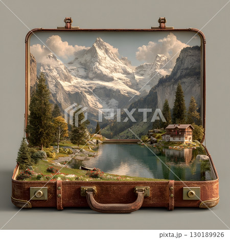 An open vintage travel suitcase holds a beautiful miniature world, featuring majestic snow mountains, a calm lake, and a charming forest house. 130189926