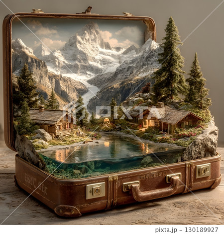 A detailed miniature landscape with snow capped mountains, peaceful lake, and cozy cabins sits inside a vintage travel suitcase. 130189927