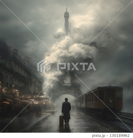 A lone traveler walks on a rainy street, past a vintage train, towards a majestic tower veiled by dramatic clouds in the city. 130189962