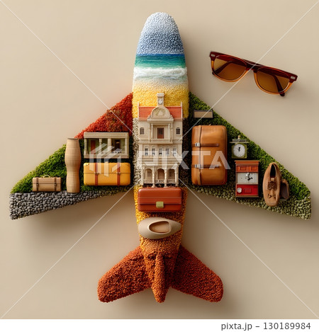 An abstract airplane composed of travel items and colorful landscapes represents a peaceful journey and the joy of discovering diverse vacation destinations. 130189984