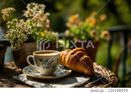 Small table on balcony with croissant and coffee cup. 130190070