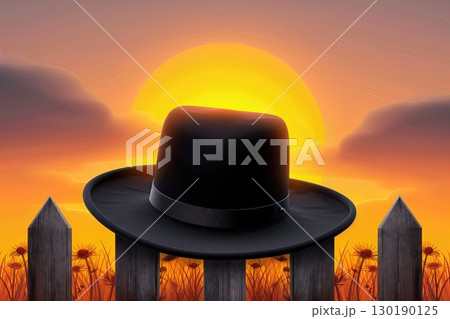 Cowboy hat resting on weathered wooden fence 130190125