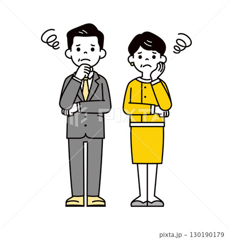困った表情の、スーツを着たミドル世代の男女の全身イラスト素材セット_ベクター 困った表情の、スーツを着たミドル世代の男女の全身イラスト素材セット_ベクター 130190179