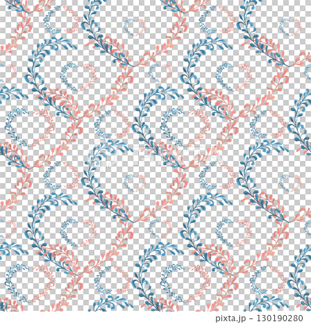 Abstract heart shape seamless pattern. Watercolor art twigs, illustration isolated from background. Pink, blue color. Packaging for Valentine Day, International Women Day, wrapping paper for holiday 130190280