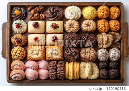 Variety of bakes and cookies in on a wooden trading tray on a white background. Variety of bakes and cookies in on a wooden trading tray on a white background. 130190318