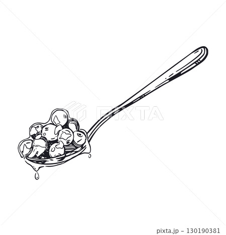 Teaspoon with viburnum berry jam, all objects are hand-drawn with ink. Vector illustration is suitable for printing on paper, fabric, packaging and shop window designs. Vector illustration 130190381
