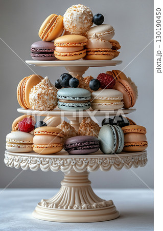 Various colored macarons on dessert stand with soft lighting. Trending aesthetics. Various colored macarons on dessert stand with soft lighting. Trending aesthetics. 130190450