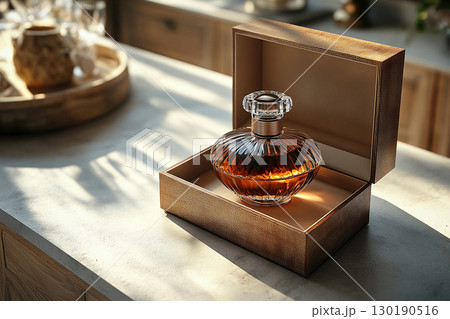 Glass perfume bottle featuring elegant gold detailing. Perfect for high-end perfume marketing. 130190516