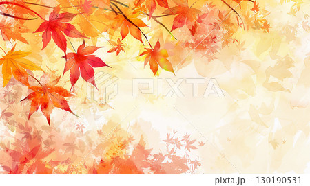紅葉が舞う秋の和風水彩イラスト背景　Generative AI 130190531
