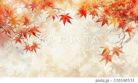 紅葉が舞う秋の和風水彩イラスト背景　Generative AI 130190533