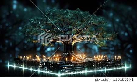 Futuristic digital tree with integrated circuit patterns as branches, symbolic of technology in harmony with nature Futuristic digital tree with integrated circuit patterns as branches, symbolic of technology in harmony with nature 130190571