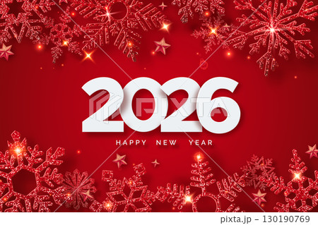White numbers 2026 with red snowflakes and stars on red background. Concept of New Year greeting White numbers 2026 with red snowflakes and stars on red background. Concept of New Year greeting 130190769