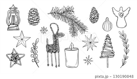 Christmas toys vector illustration clip art in Scandinavian linear style. Yule traditional wooden deer, tree, star, candle, balls, angel, lantern clip art. Xmas decoration set for holiday design Christmas toys vector illustration clip art in Scandinavian linear style. Yule traditional wooden deer, tree, star, candle, balls, angel, lantern clip art. Xmas decoration set for holiday design 130190848