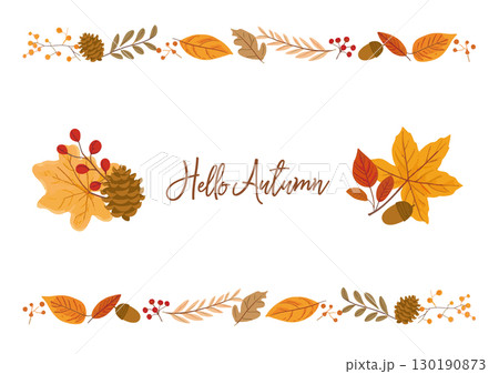 秋の落ち葉と木の実をあしらったフレームイラストセット 秋の落ち葉と木の実をあしらったフレームイラストセット 130190873