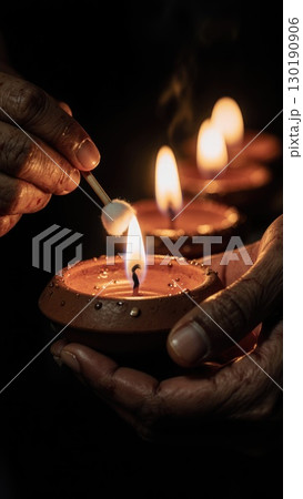 Close-Up of Hands Lighting Diya Oil Lamp Wick Against Dark Background. Dashahra, India, 130190906