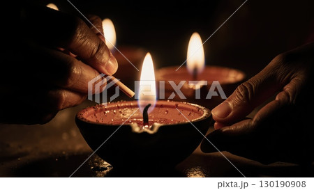 Close-Up of Hands Lighting Diya Oil Lamp Wick Against Dark Background. Dashahra, India, 130190908
